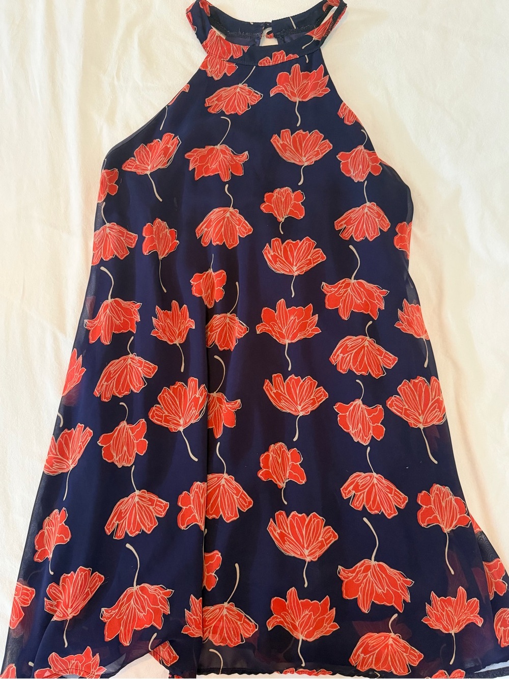 Black Bead Navy Dress with Red Floral Print